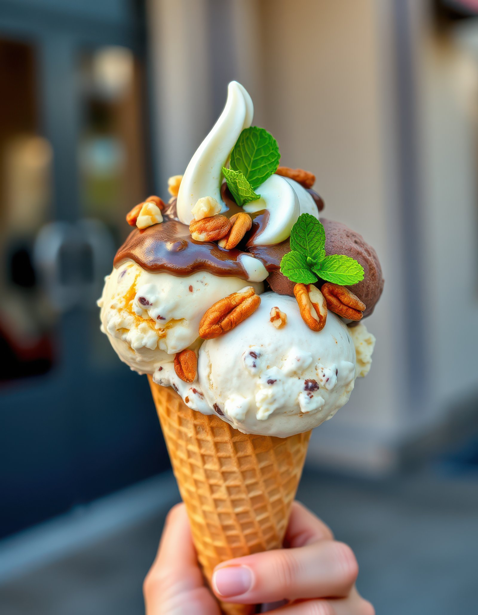 Delicious ice cream cone topped with nuts and mint served on a warm day in a vibrant outdoor setting